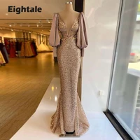 eightale sexy brown evening dresses deep v neck sequined prom gown long puff sleeves mermaid mother celebrity party dress 2021