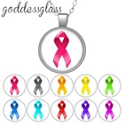 Цветная лента, осведомленность об аутизме, раке, круглый стеклянный кабошон, посеребренныйхрустальный кулон, ожерелье, ювелирные изделия для подарка