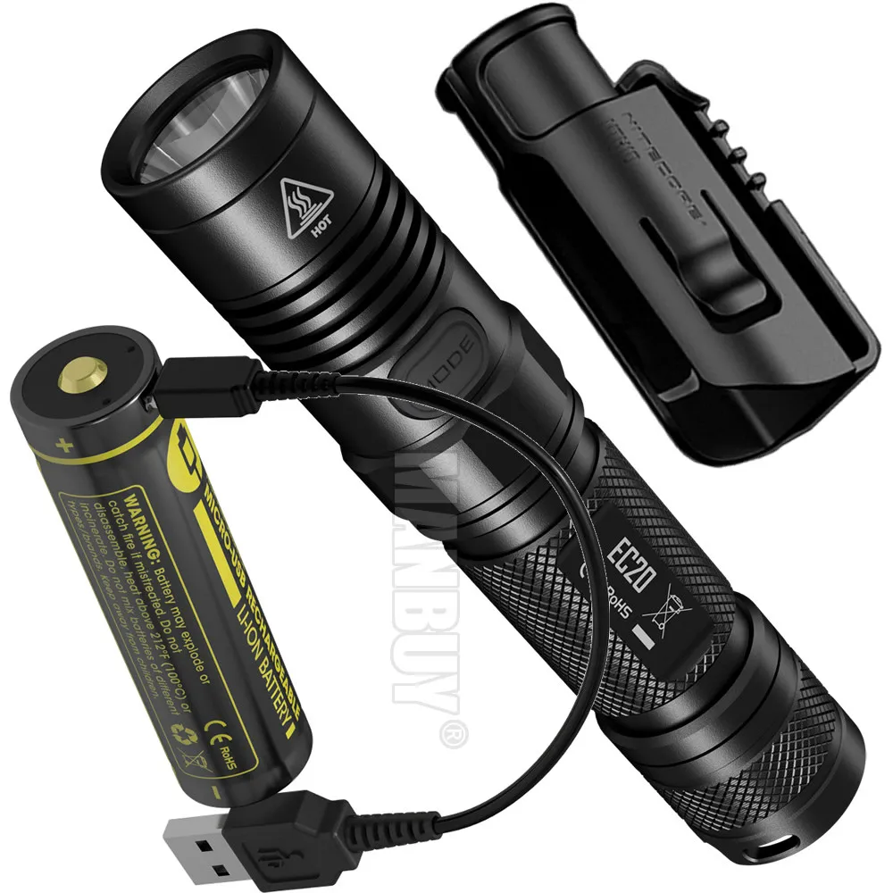 

2022 Nitecore EC20 Flashlight +18650 USB Port Direct Charging Battery + NTH10 Holder CREE XM-L2 LED 960LMs Outdoor Camping Torch