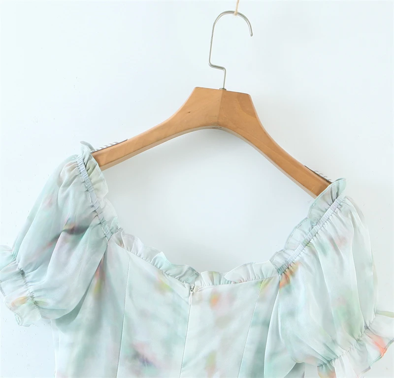 

Splend Moda 2021 Summer New Sexy Ruffle V-Neck Chic Drawstring Print Folds Puff Sleeve Hollow Out Women Dress Vestido Fashion