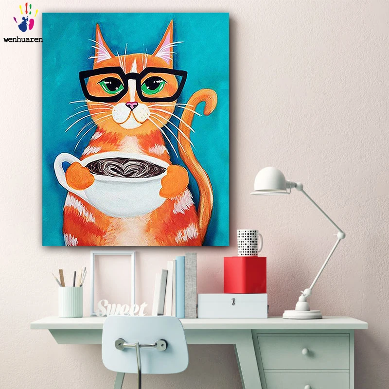 DIY картинки для раскраски по номерам с цветами кот кофейной картиной рисование