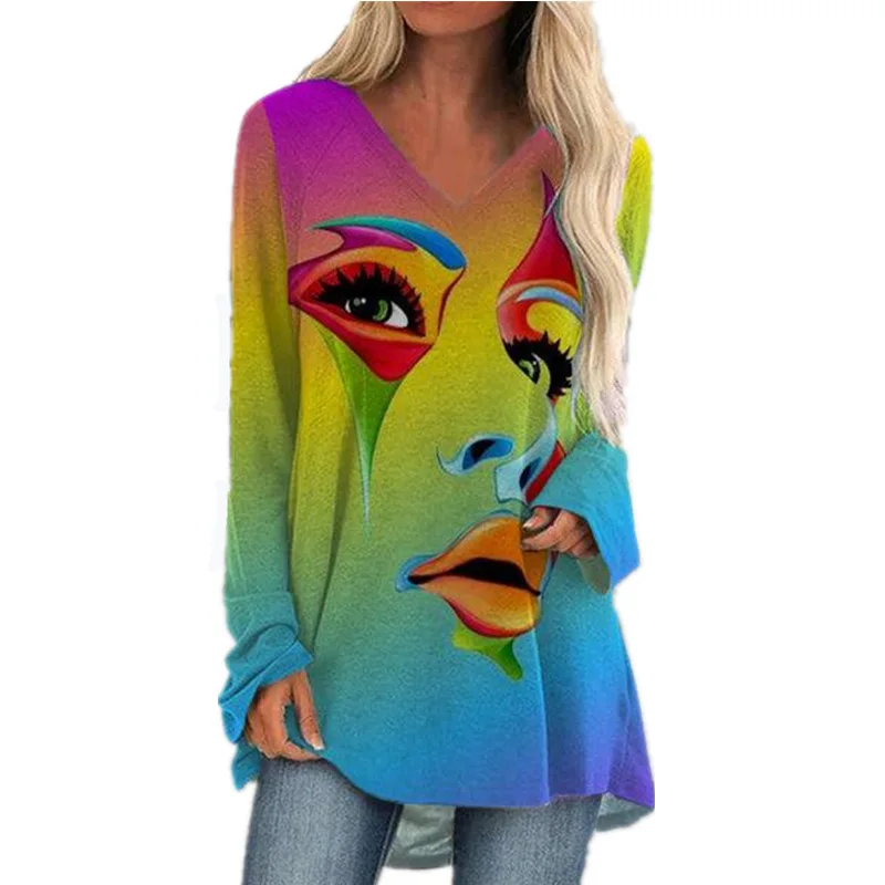 

Abstract face fashion print loose large size long-sleeved T-shirt Urban casual V-neck loose top Art abstract pattern T-shirt