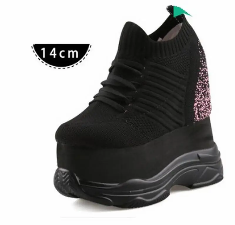 black 14cm Cyabmoz/женские кроссовки на высоком каблуке, увеличивающие рост; дышащая обувь на платформе; женская повседневная обувь; Tenis feminino - Цвет: black 14cm