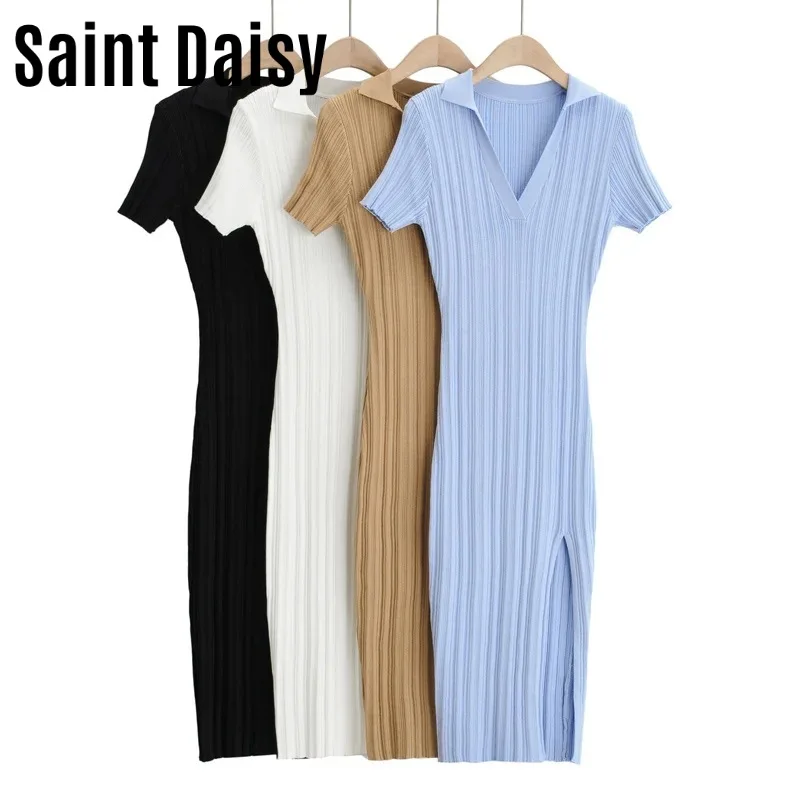 SaintDaisy Sheath Dresses for Women 2021 Sweater Dress Korean Bodyfit V-Neck White Blue Sexy Spandex Dropshipping Robe Boho 0153