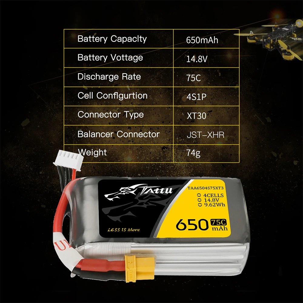 Литий полимерный аккумулятор Tattu 14 8 V 650mAh Lipo 4s 75C RC со встроенной вилкой для 150