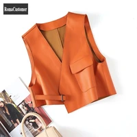 genuine leather sheepskin vest womens leather outerwear loose irregular sleeveless v neck korean female elegant jackets
