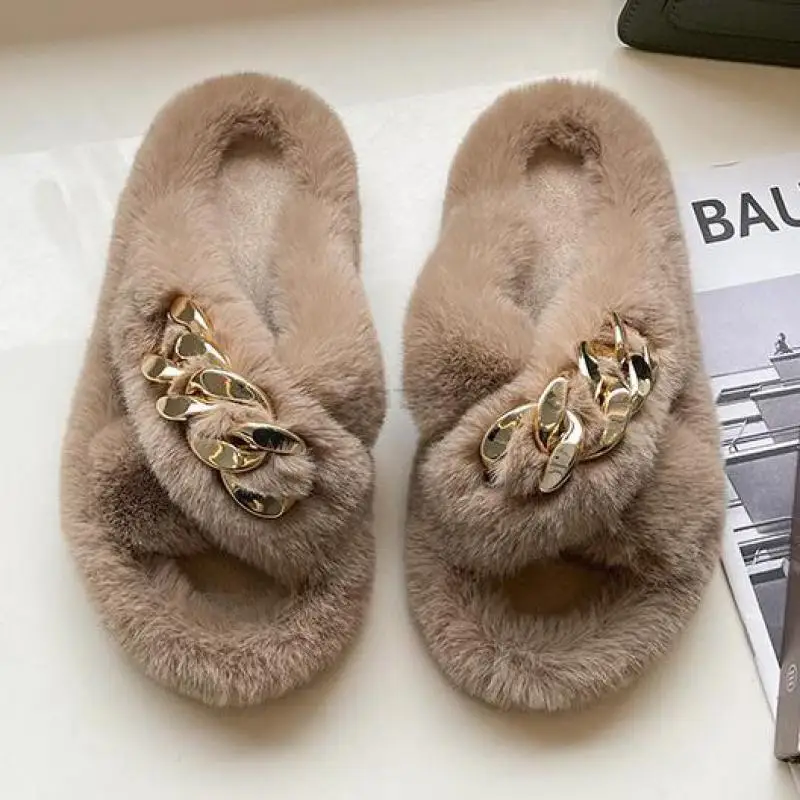 Summer Fluffy Women Slippers Gold Chain Fur Fox Flip Flop Flat Slides Indoor Ytmtloy House Shoes Zapatillas Mujer Casa | Обувь