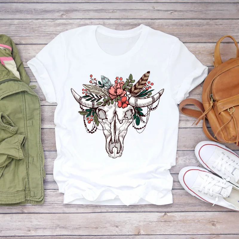 

Womens T-shirts Flower 90s Floral Feather Cartoon Heifer Cute Ladies Lady Women Print Ladies Top T Graphic Female Tee T-Shirt