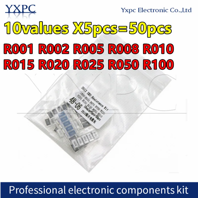 

10values X5pcs=50pcs 2512 2W 1% Resistor R001 R002 R005 R008 R010 R015 R020 R025 R050 R100 Alloy resistance Metal alloy Kit