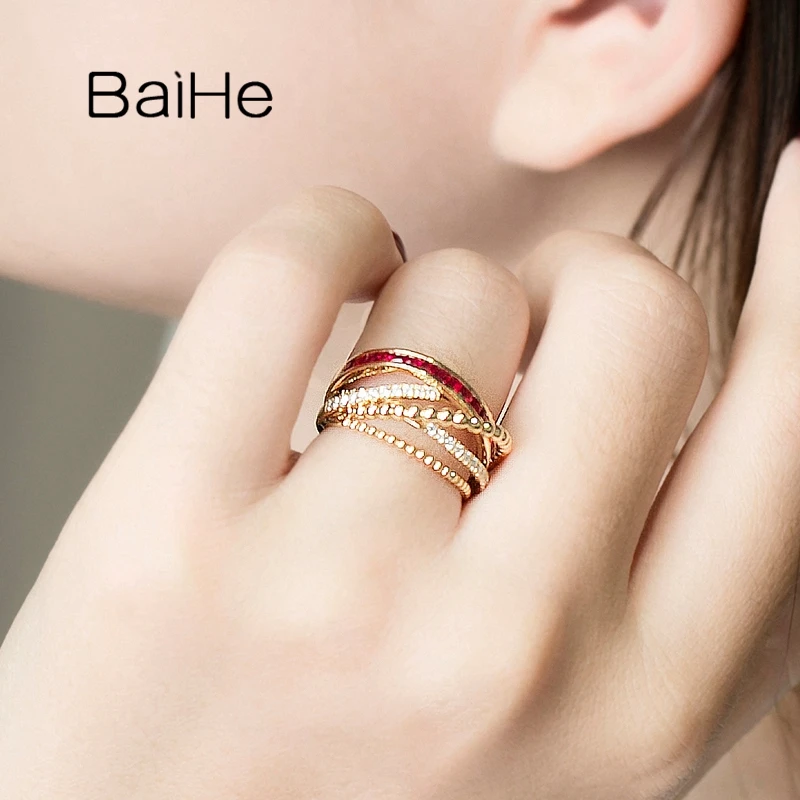 BAIHE однотонное 14K желтое золото 0.70ct квадратный огранка натуральный рубин 0.20ct