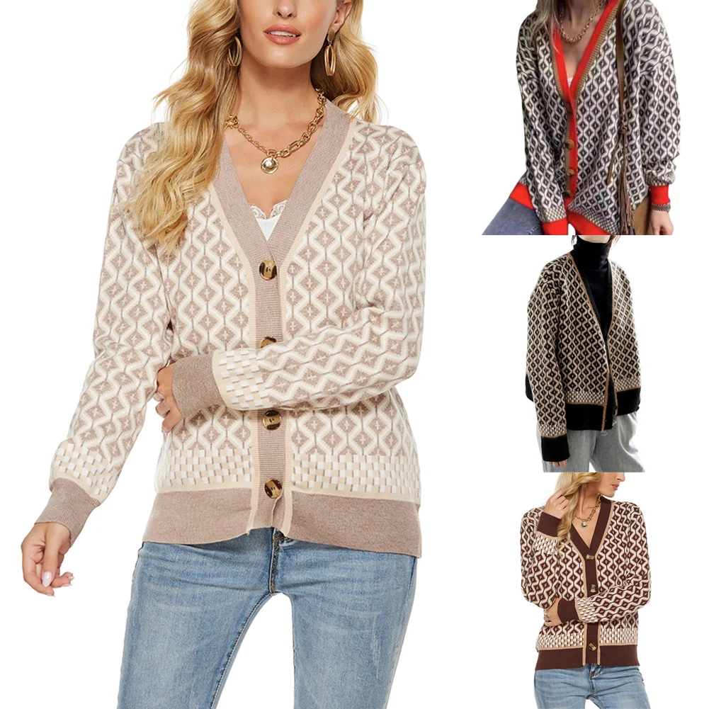 

Женский однобортный свитер в клетку на пуговицах, вязаный кардиган из твида с V-образным вырезом, Свободный Повседневный Дамский Топ, женска...