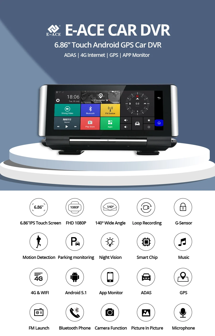 E-ACE E01 Автомобильный видеорегистратор gps 4G навигационный трекер " Android dvr Автомобильная камера wifi 1080P ADAS видео рекордер для автомобильных навигаторов туризма