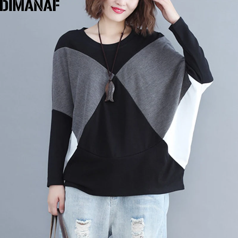 Женская блуза с рукавом летучая мышь DIMANAF базовая Туника оверсайз в стиле пэчворк