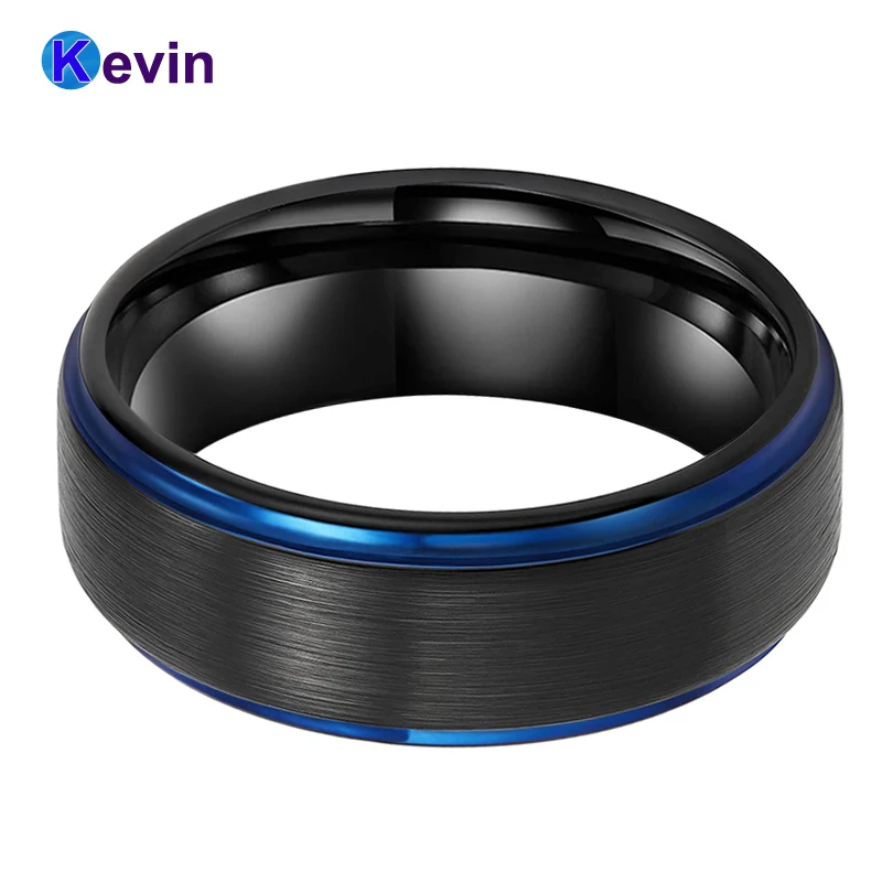 Мужские черные вольфрамовые кольца обручальные для женщин с синими ступенчатыми