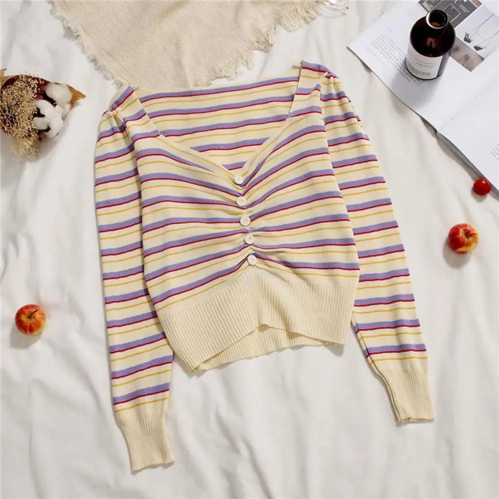 свитер женский sweater Women Casual Knitting V-Neck Tops Long Sleeve Stripe Slim Sweater cardigan pull femme nouveaute 502SS30X |