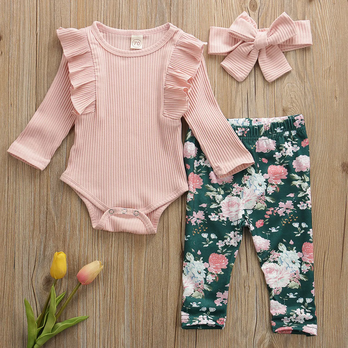 

Pudcoco Newborn Baby Girl Clothes Solid Color Knitted Cotton Romper Tops Flower Print Long Pants Headband 3Pcs Outfits Clothes