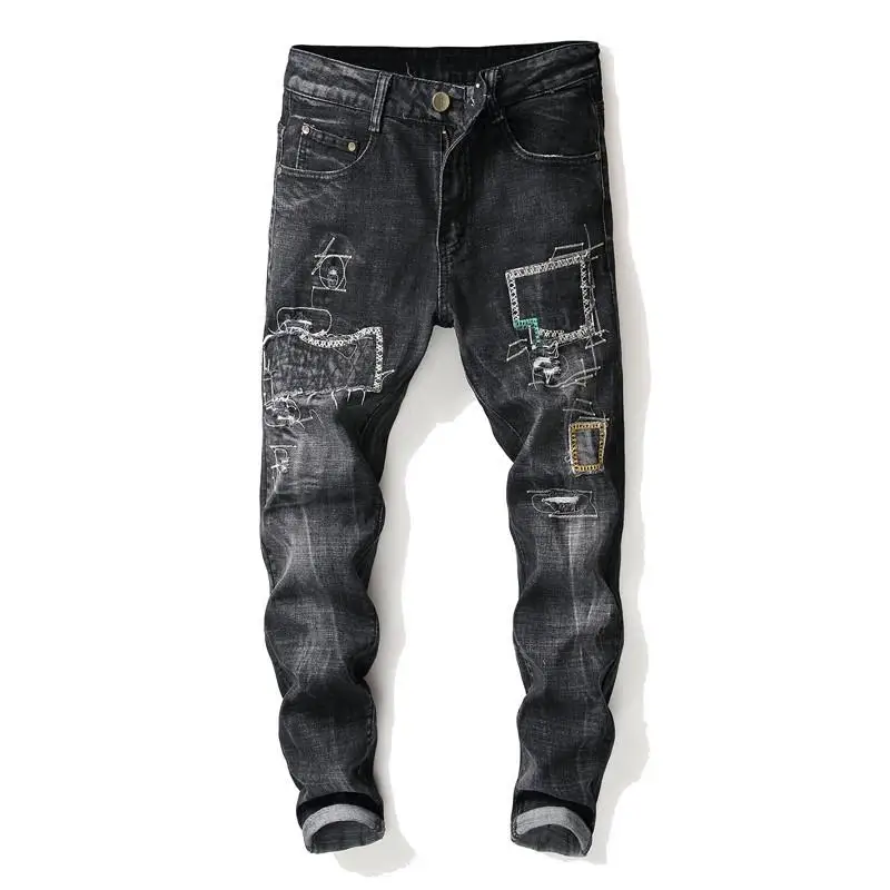 

New Arrivals Men's Jeans Stretch Motorcycle Denim Pants Mens Embroidery Trousers