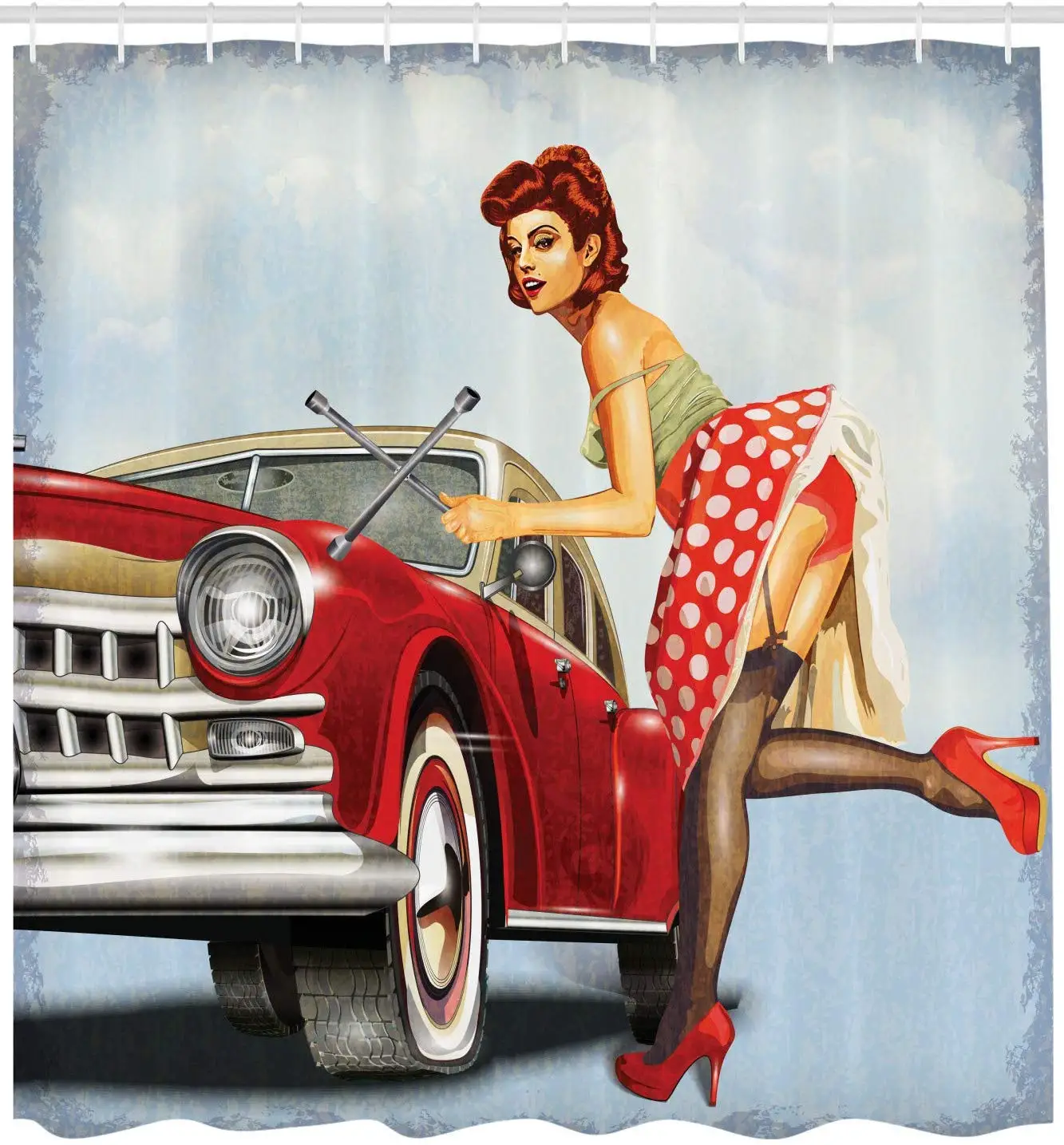 Занавеска для душа Pin up Girl в стиле ретро с узором горошек средней юбкой