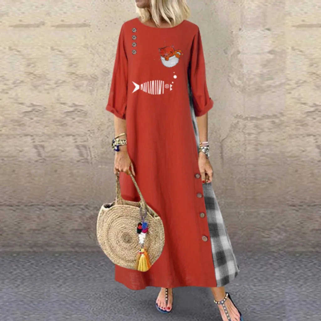 JAYCOSIN длинное платье на пуговицах размера плюс женское из хлопка и льна с принтом