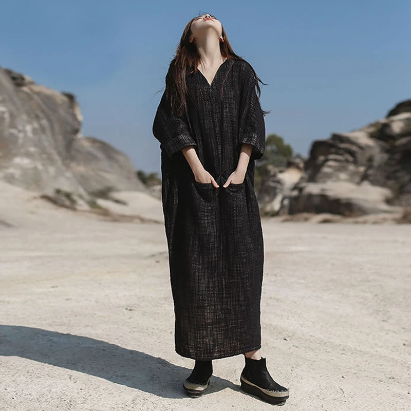 Женское винтажное платье с вышивкой Johnature хлопковое свободное черного цвета v