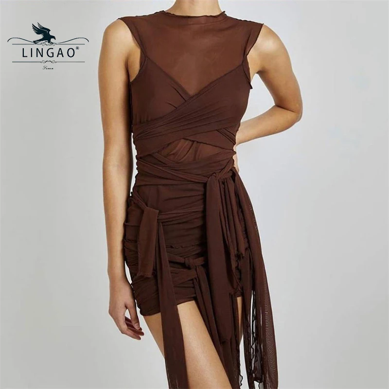 

2021 Women Sexy Clubwear Mini Dress Ribbons Mesh See Through Bodycon Party Dresses Solid Sleeveless Basic Female платье Outfits