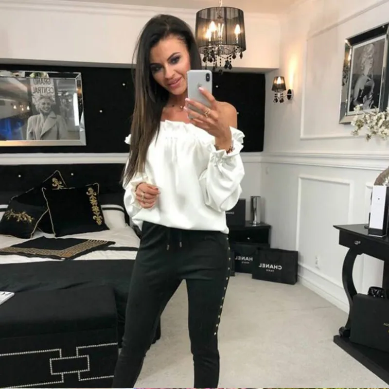 

Womens Tops and Blouses 2021 Streetwear Off Shoulder Ruffle Long Sleeve Shirts Feminina Lantern Sleeve Blouse Ladies Top Clothes