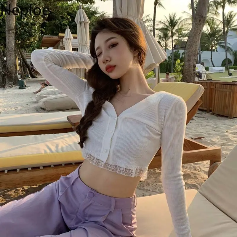 Neploe кружевные вязаные футболки в стиле пэчворк женские сексуальные топы с