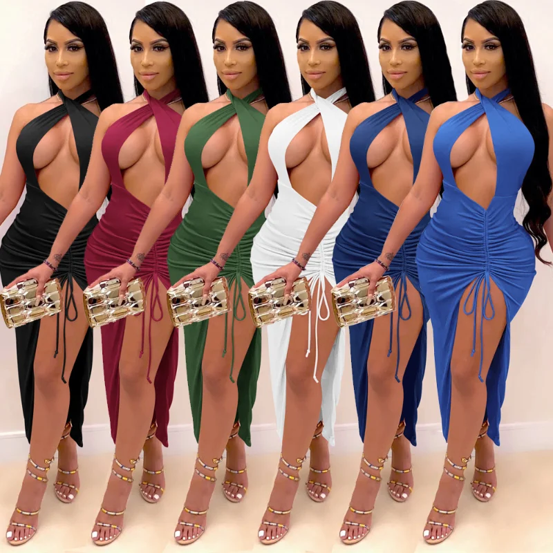 

Maxi Dresses for Women Sexy Halter Open Solid Draped Long Dress Plus Size Bridesmaid Dress Backless Cut Out Party Dresses 2021
