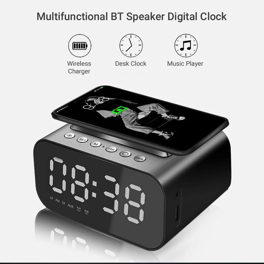 

BT Speaker LED Digital Clock Multifunctional Sound Box Wireless Charger Desk Clock FM Radio Wireless Charging Device Alarm Clock