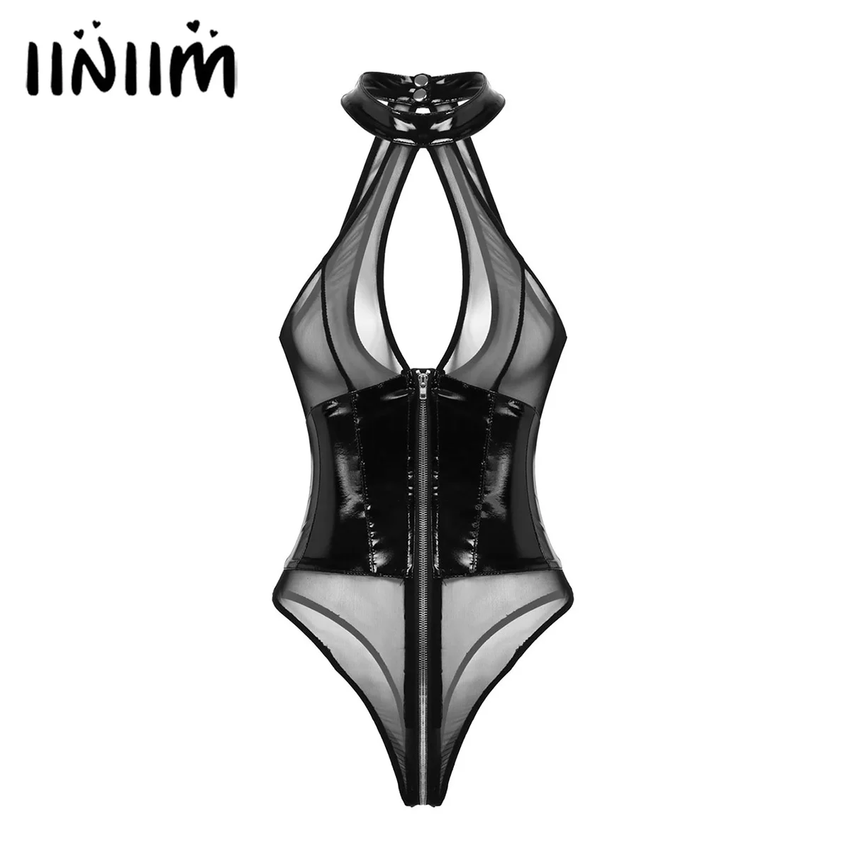 

Women One-piece Sexy Wet Look Lingerie Catsuit Leather Sheer Mesh Splice Halter Neck Breast Hollow Out High Cut Leotard Bodysuit