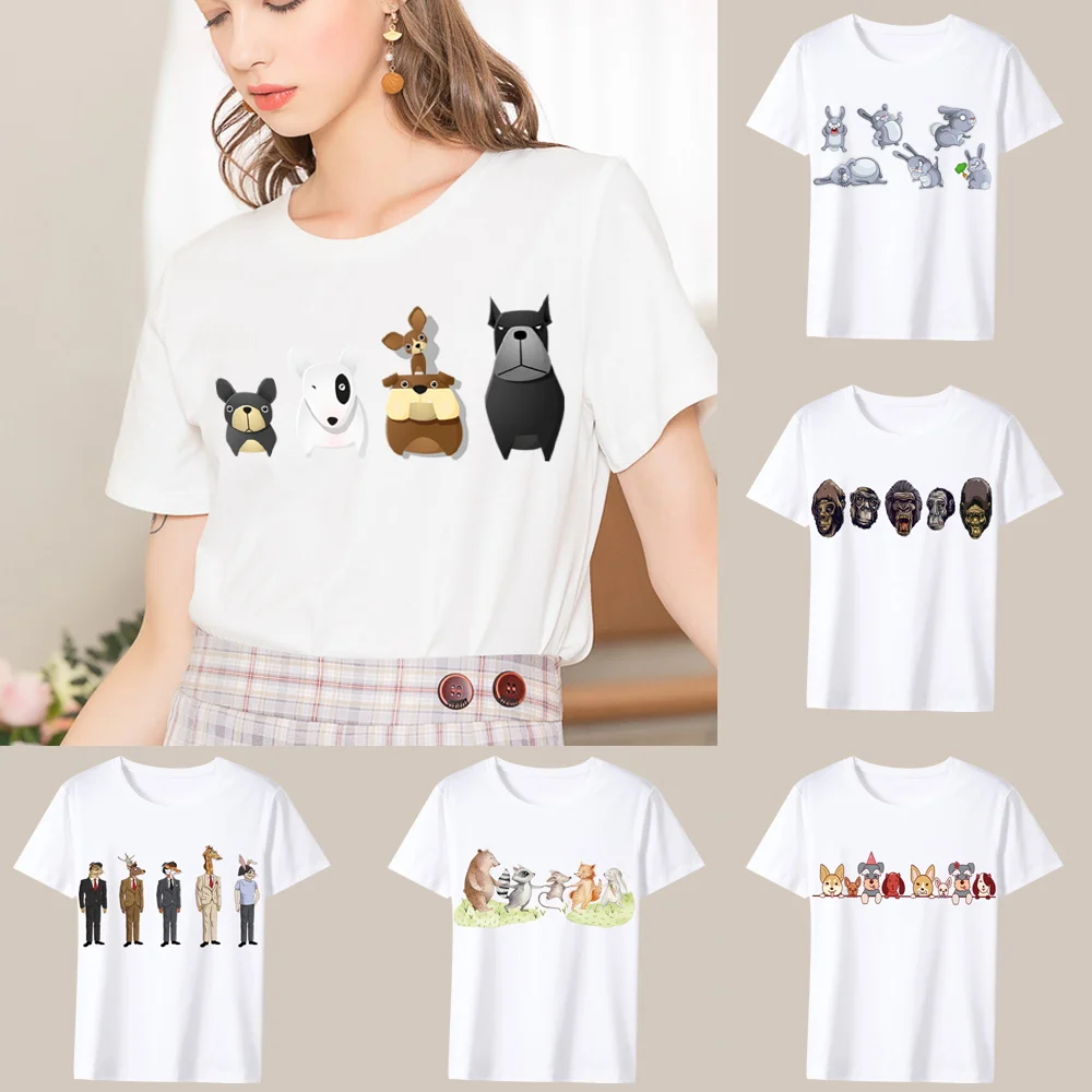 

Women Tshirts Cute Cartoon Animal Pattern Series Lady Short Sleeve Top Classic White Print All-match Female Tshirt Woman Clothes