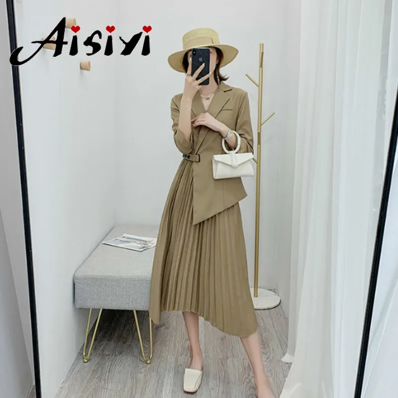 Женское винтажное плиссированное платье блейзер элегантное офисное с длинным