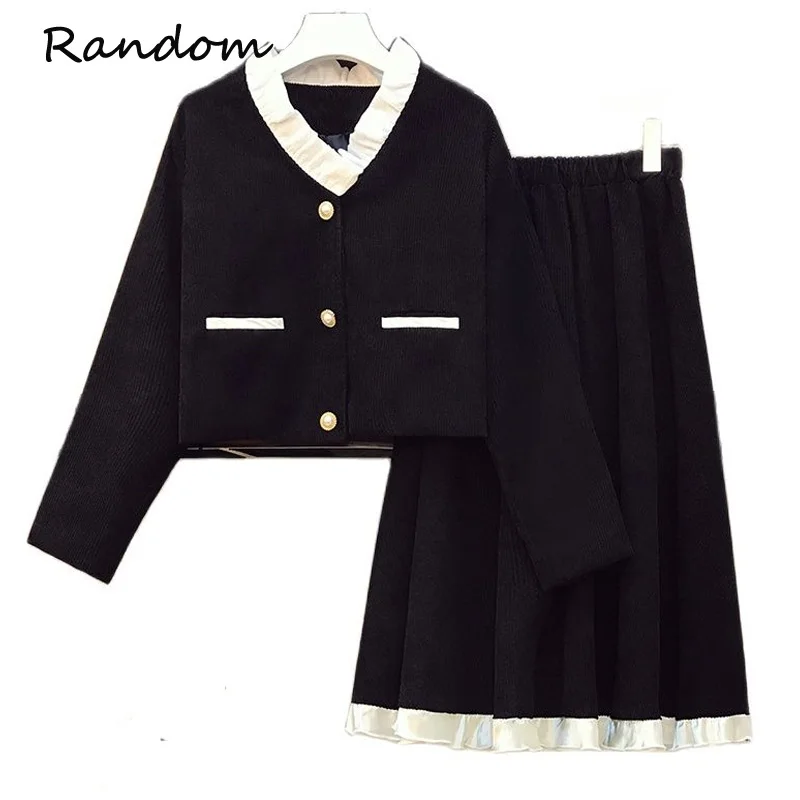 Plus Size 4XL Women Corduroy Black Suit Pearl Buttons Jacket Coat Top And Pleated Skirt Two Piece Set Outfit Winter Clothing |