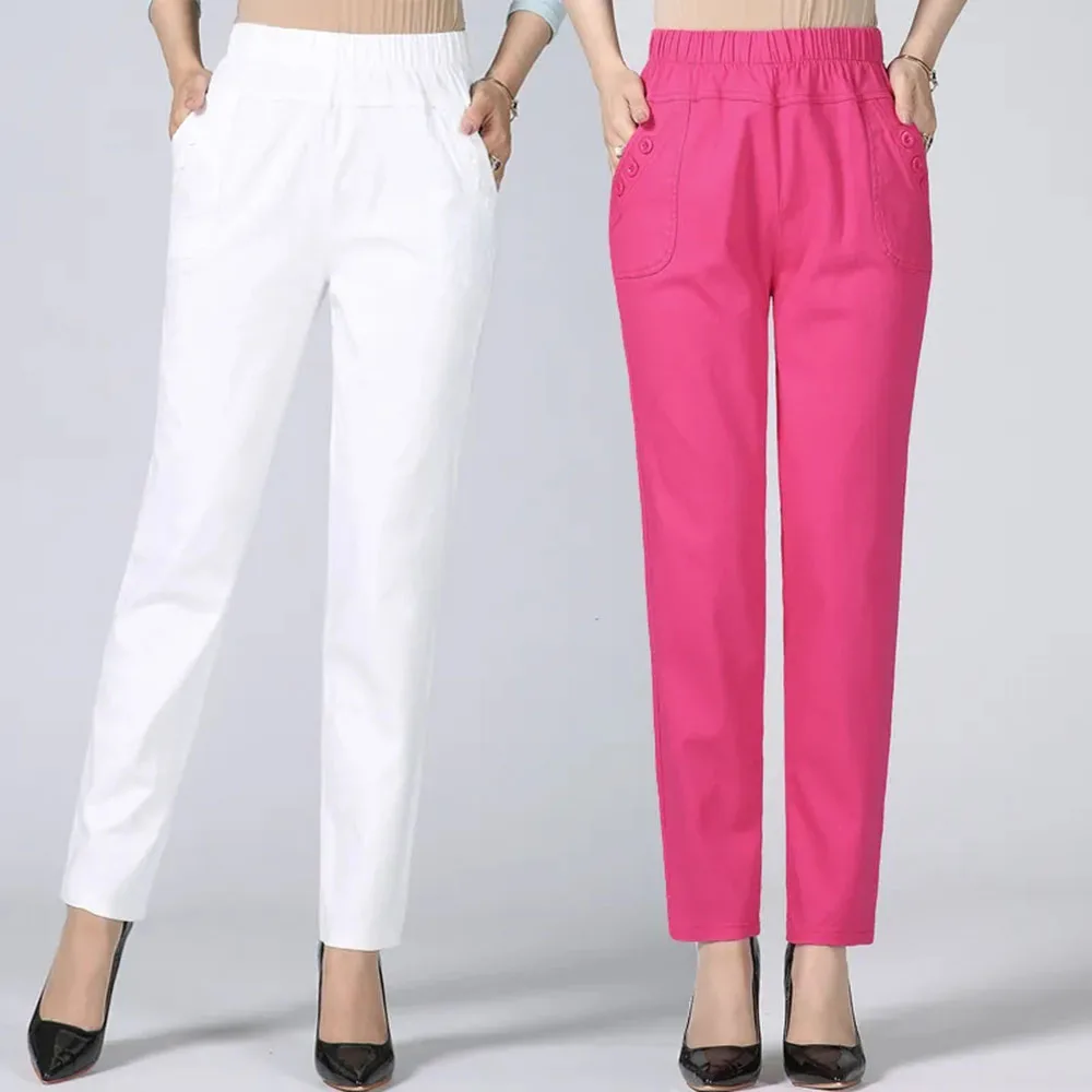 

2023 Spring Summer Nine-Point Pants Women Elastic Waist Middle-Aged Elderly Straight Leg Trousers Female Add Cotton Casual Pants