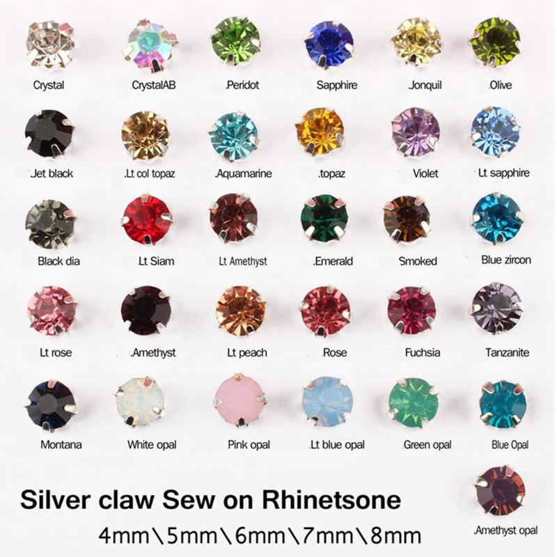 

Hot Sale Sew On Rhinestone 30 Colors Silver Claw Stones 4MM/5MM/6MM/7MM/8MM For Dresses Decoration Free Shiping