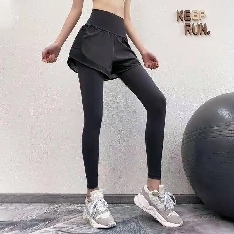 

Женские штаны для йоги с высокой талией, подтягивающие бедра имитация двух частей, эластичная облегающая верхняя одежда для бега, быстросох...