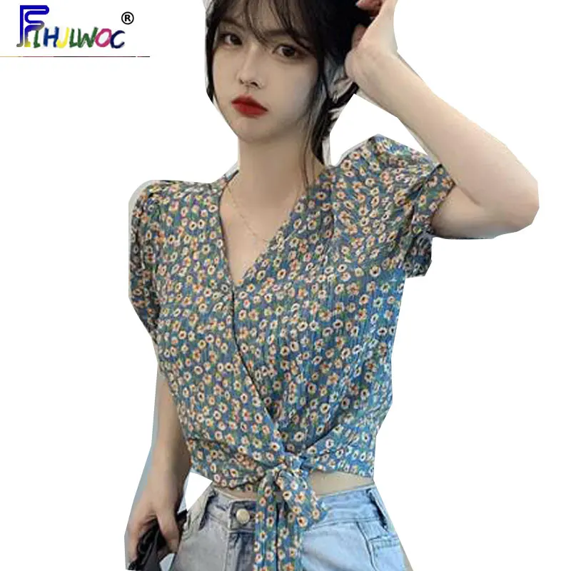 

Summer Short Crop Tops Women Short Sleeve Cute Sweet Date Flhjlwoc Floral Vintage Peplum Bow Tie Shirt Blouse Korea Chic Top