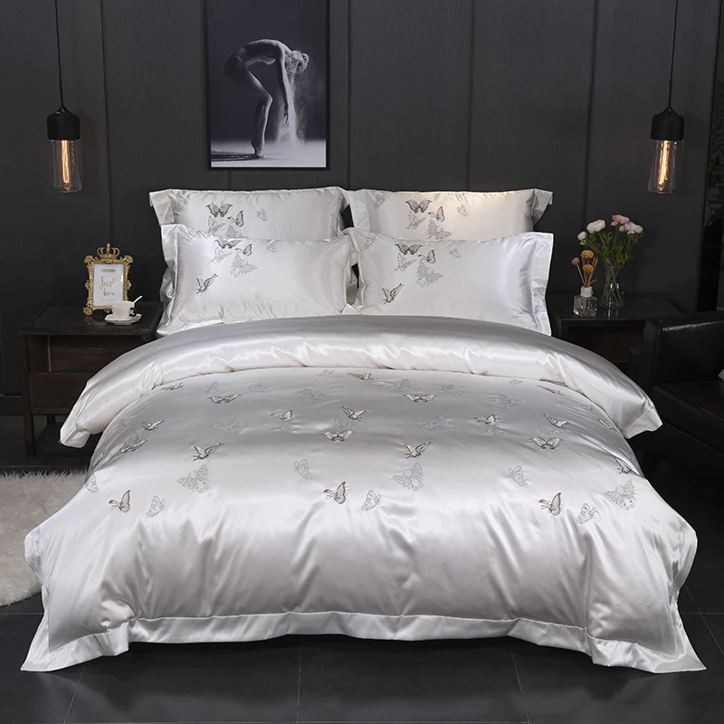 

4Pcs Silver White Luxury Silky Cotton Bedding set Chic Embroidery Butterfly US Queen King size Duvet cover bed sheet set