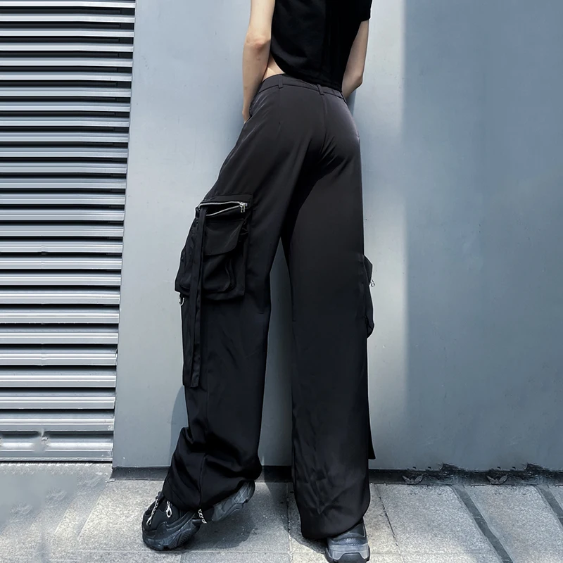 

[EAM] Black Casual Pockets Zipper Ribbon High Waist Trousers New Loose Fit Pants Women Fashion Tide Spring Summer 2021 1DD9095