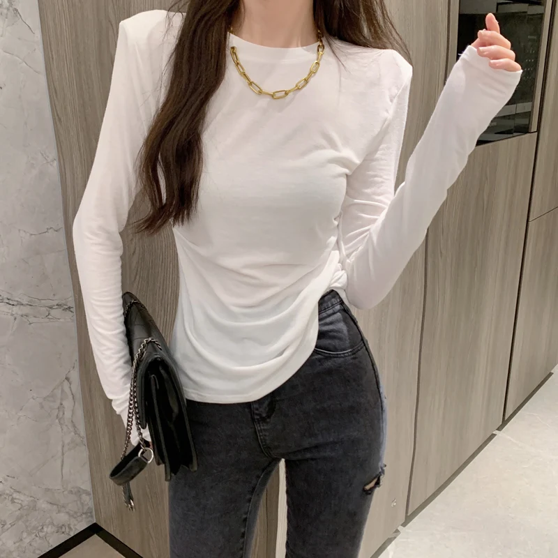 

HziriP Skinny Full Sleeve Solid T-Shirt O-Neck Slim Tee Korean 2021 Autumn Sweet Girl Office Lady All-Match Fashion Elegant