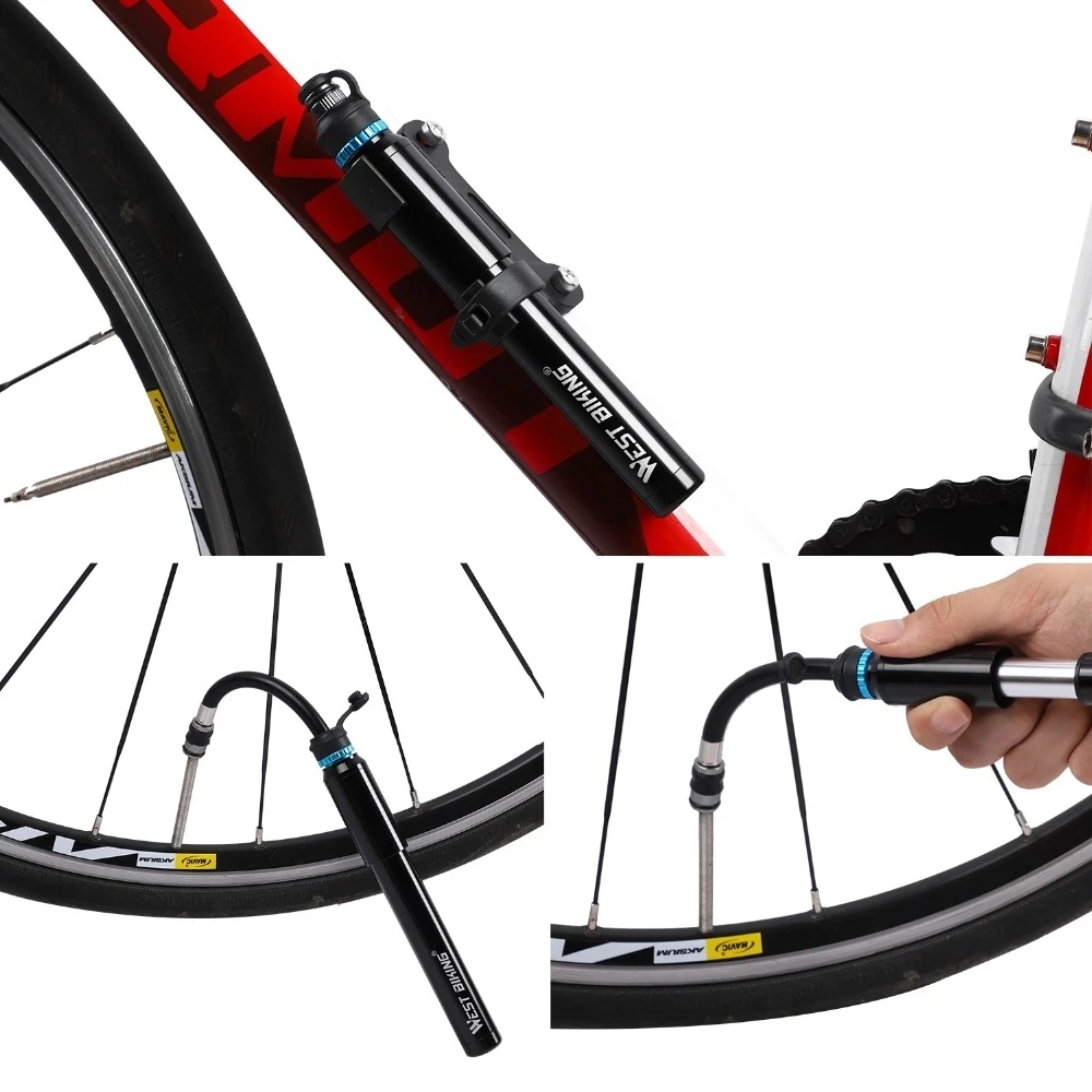 

West Biking Portable Mini Bicycle Pump Hose Pocket Pump Prest & Schrader Valve Bicycle Accessories 150 PSI High Pressure Pump