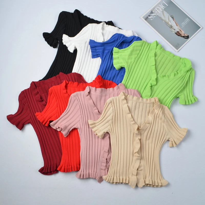 

V Neck Crop Tops Knitted Cardigan Women 2020 Summer Fashion Sexy Ladies Short Top Ruffles Sweaters Autumn Korean Womens Clothing