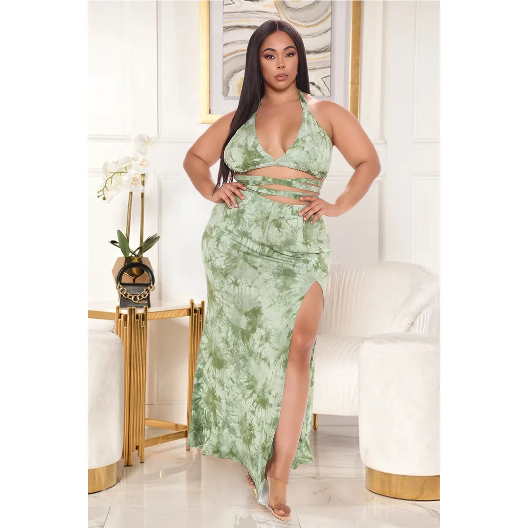 

Tie Dye Plus Size Two Piece Sets 2021 Summer Bandage V Neck Sexy Crop Top and Split Hollow Out Elastic Waist Dress Matching Sets