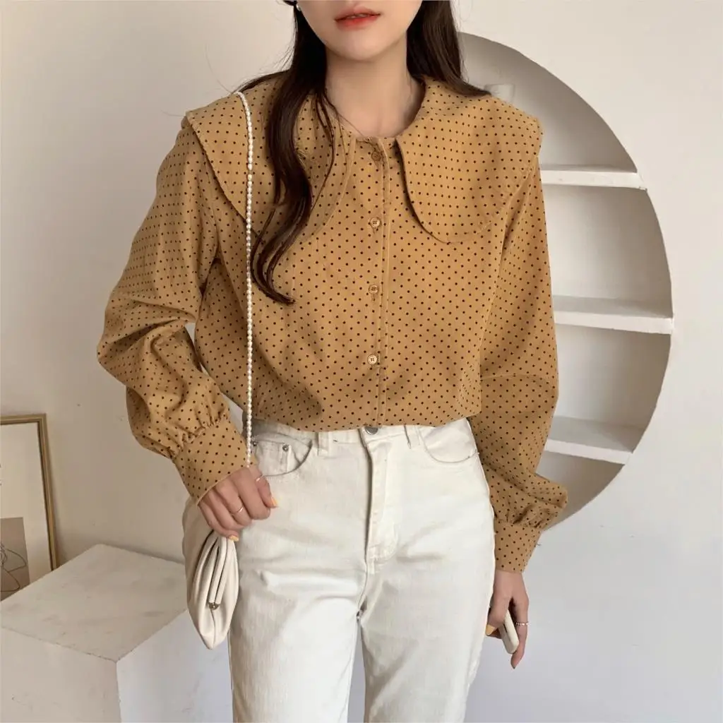 

Harajuku All Match Corduroy Gentle Polka Dots Loose Elegance High Street Stylish Office Lady Chic Hot Tops Women Shirts