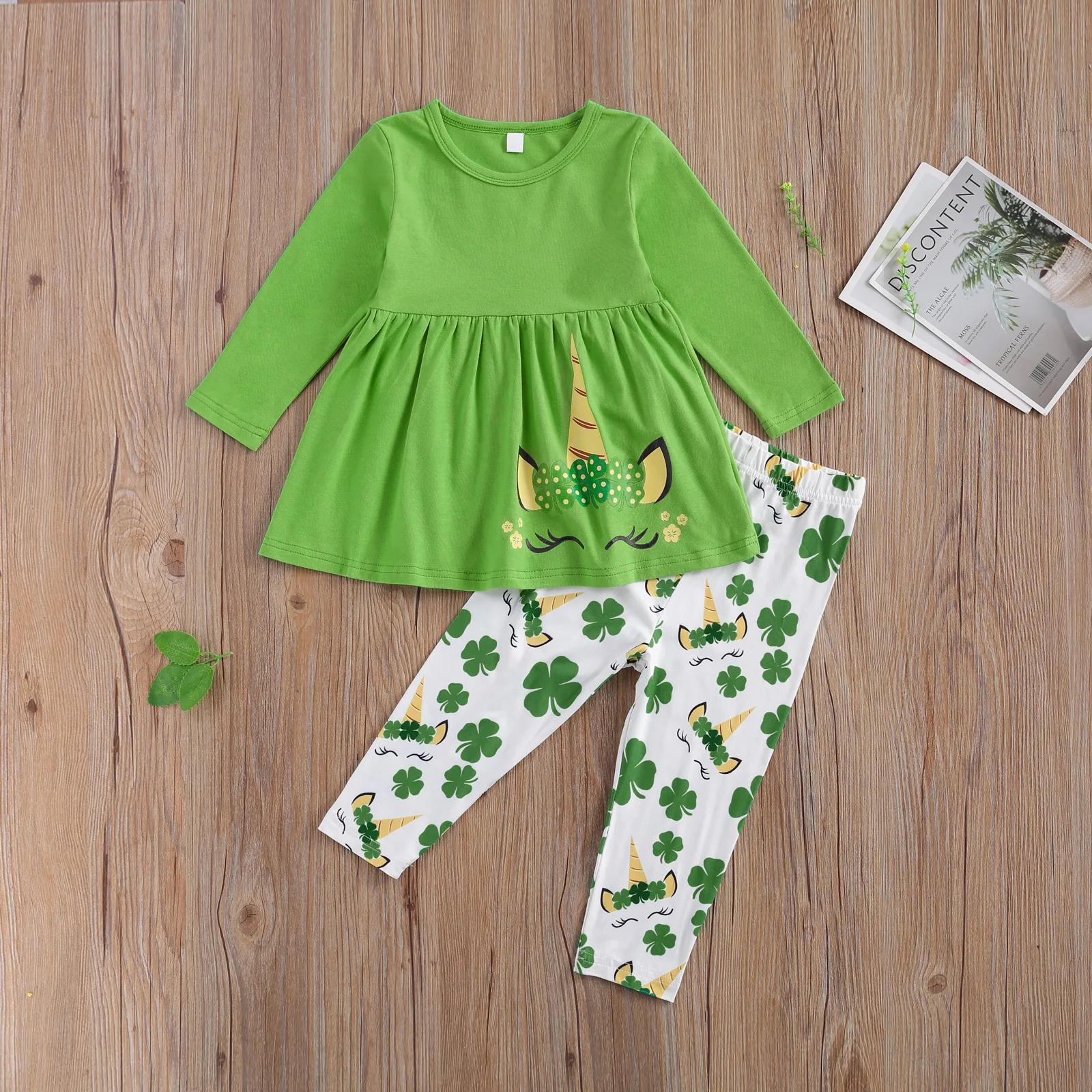 

Girl’s 2Pcs Clothes Set Long Sleeve Ruffled Tops T-shirt+ Clover Printed Elastic Long Pants Casual Kid Girl Clothing