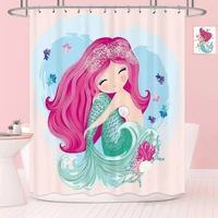 cute mermaid shower curtain girls cartoon kid blue heart colorful purple hair seaweed fish bath decor polyester screen with hook