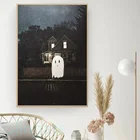 Милый Гоблин Призрак черный белый дом Ретро плакаты Хэллоуин холст живопись фотография фольклорное искусство печать фотографий настенное искусство