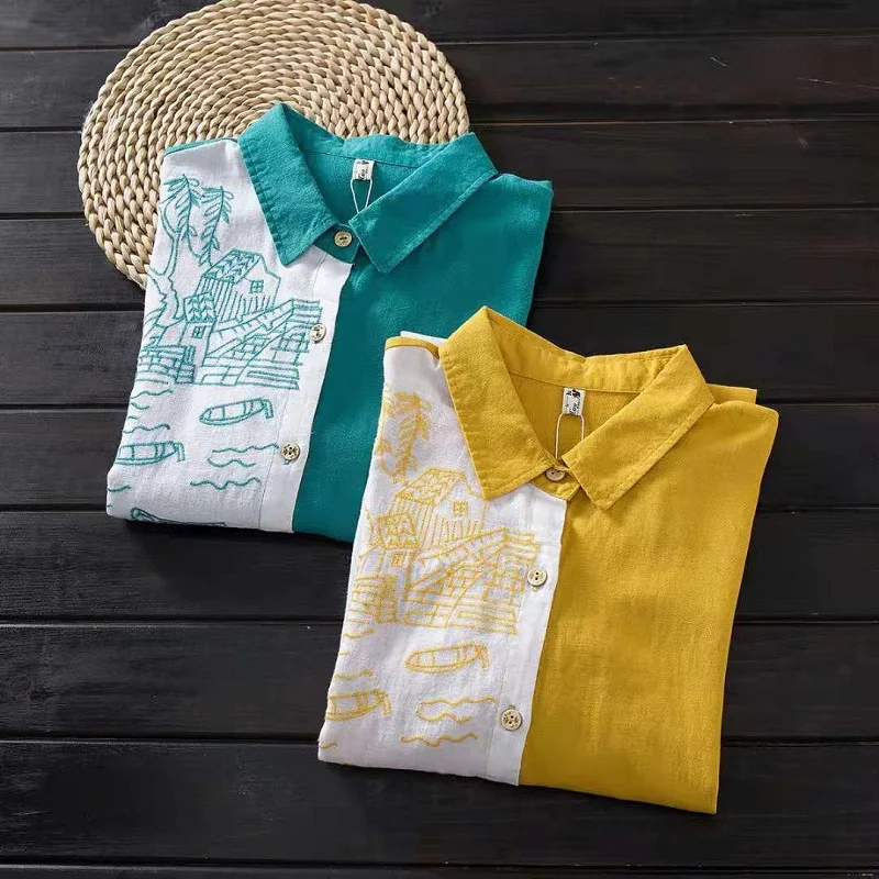 

2021 Spring Lady Cotton And Linen Mujer Embroidered Literary Loose Top Camisa Long Sleeve Elegant Blouse Women Oversize Shirt
