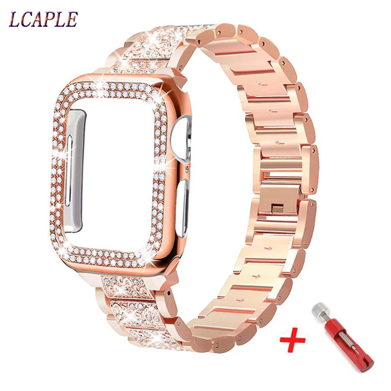 

Бриллиантовый чехол и ремешок для iwatch band 42 мм 38 мм, ремешок для apple watch 5 44 мм 40 мм, браслет из нержавеющей стали, ремешок для часов серии 3 4 6