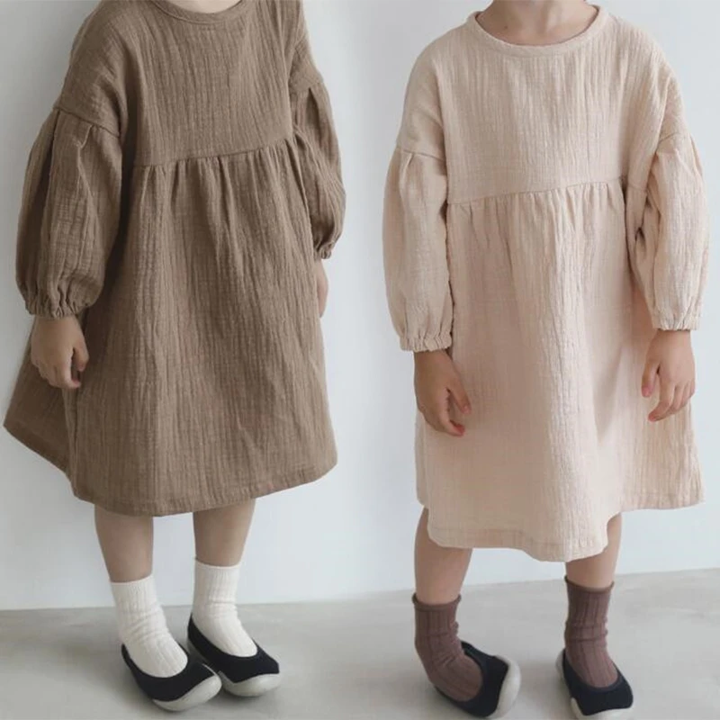 Корейские осенние платья для девочек повседневное хлопковое льняное платье с